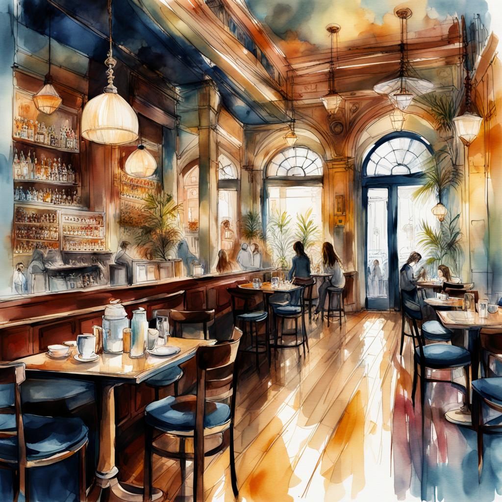 Naples Cafe: Digital Watercolor Illustration