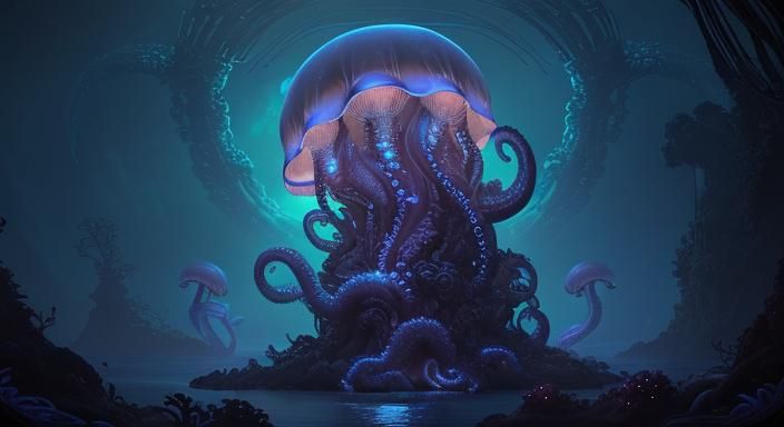 Glowing Alien Jellyfish in a Moonlit Ocean