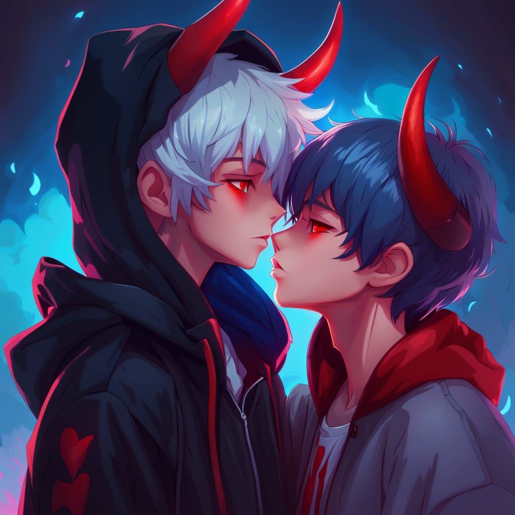 Anime Style Portrait of Two Boys Kissing