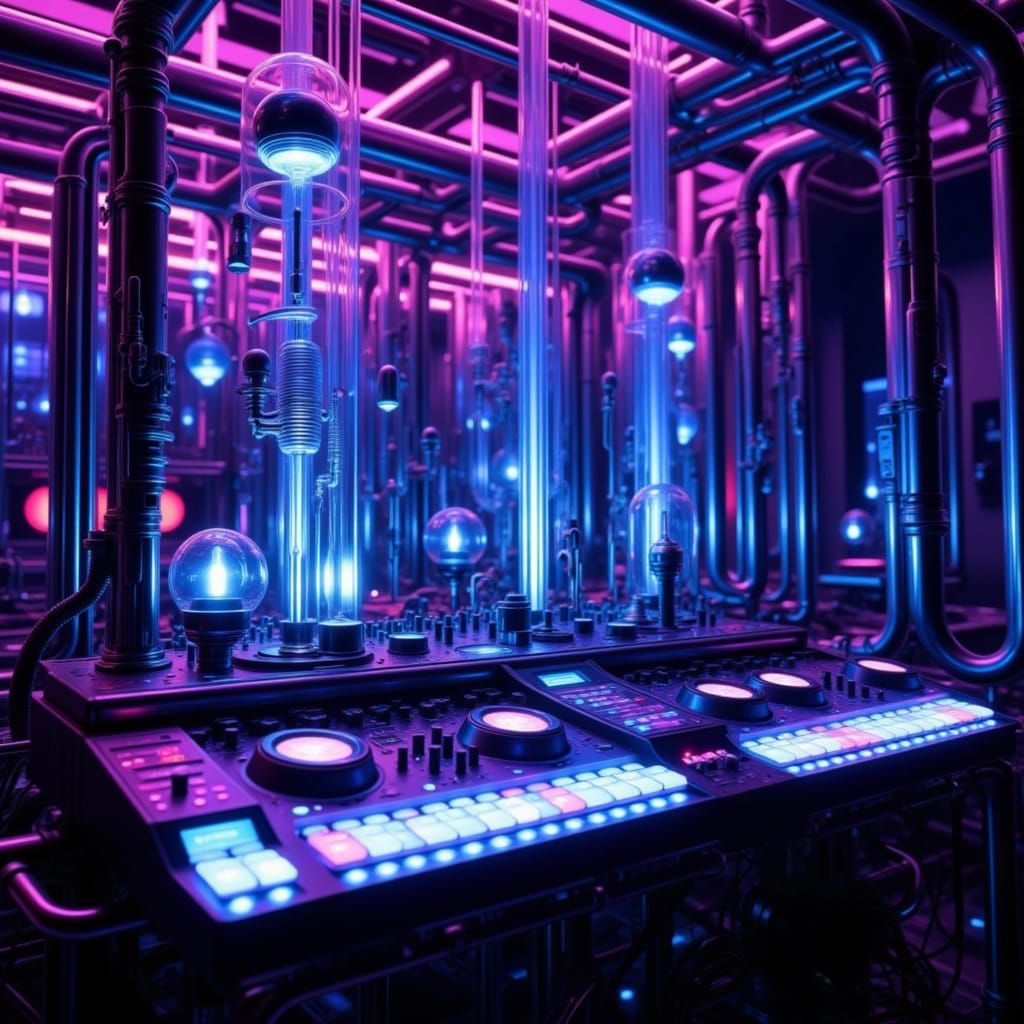 Futuristic Synthesizer Setup in Neon Haze