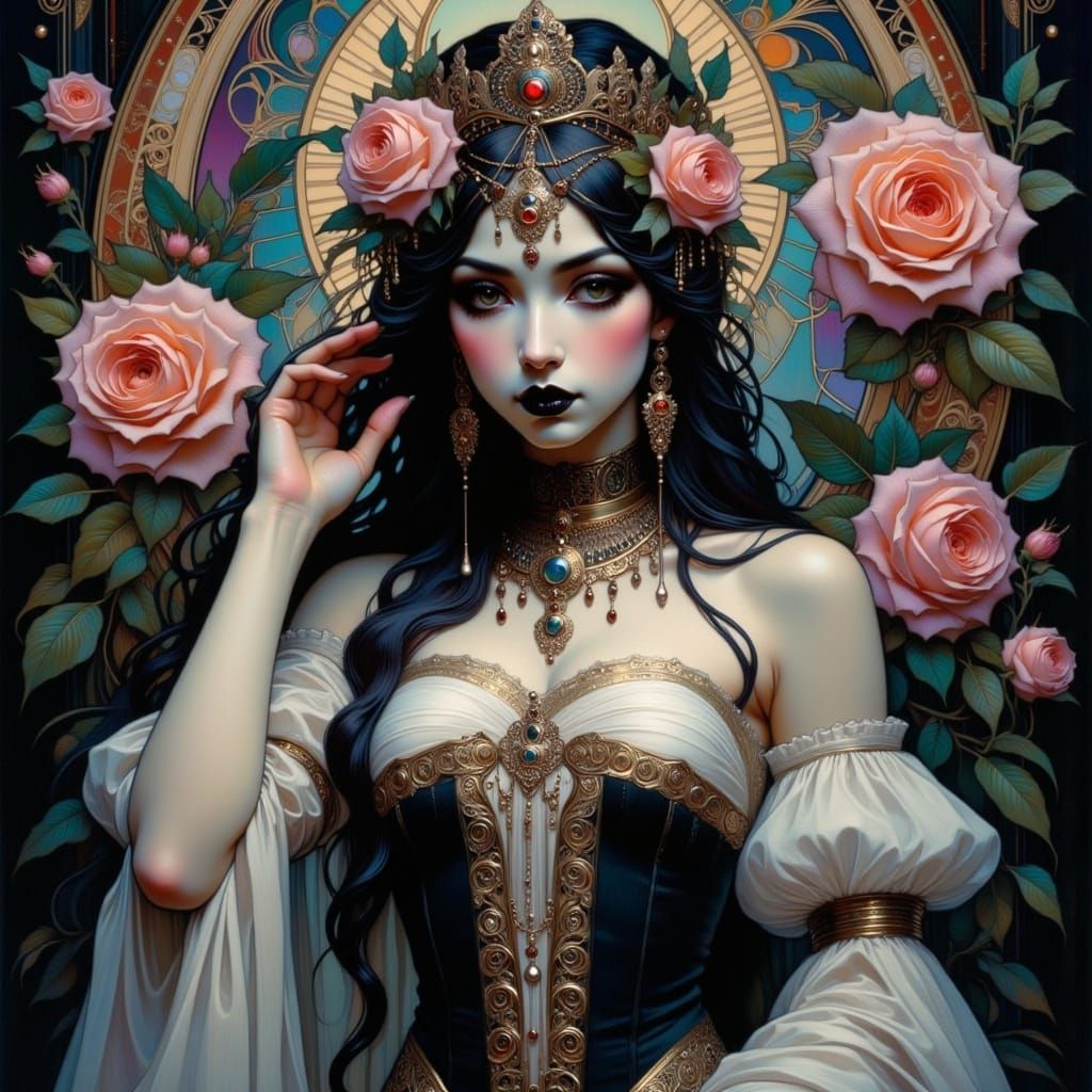 Elegant Dark Swan Dressed Woman in Art Nouveau Romantic Goth...