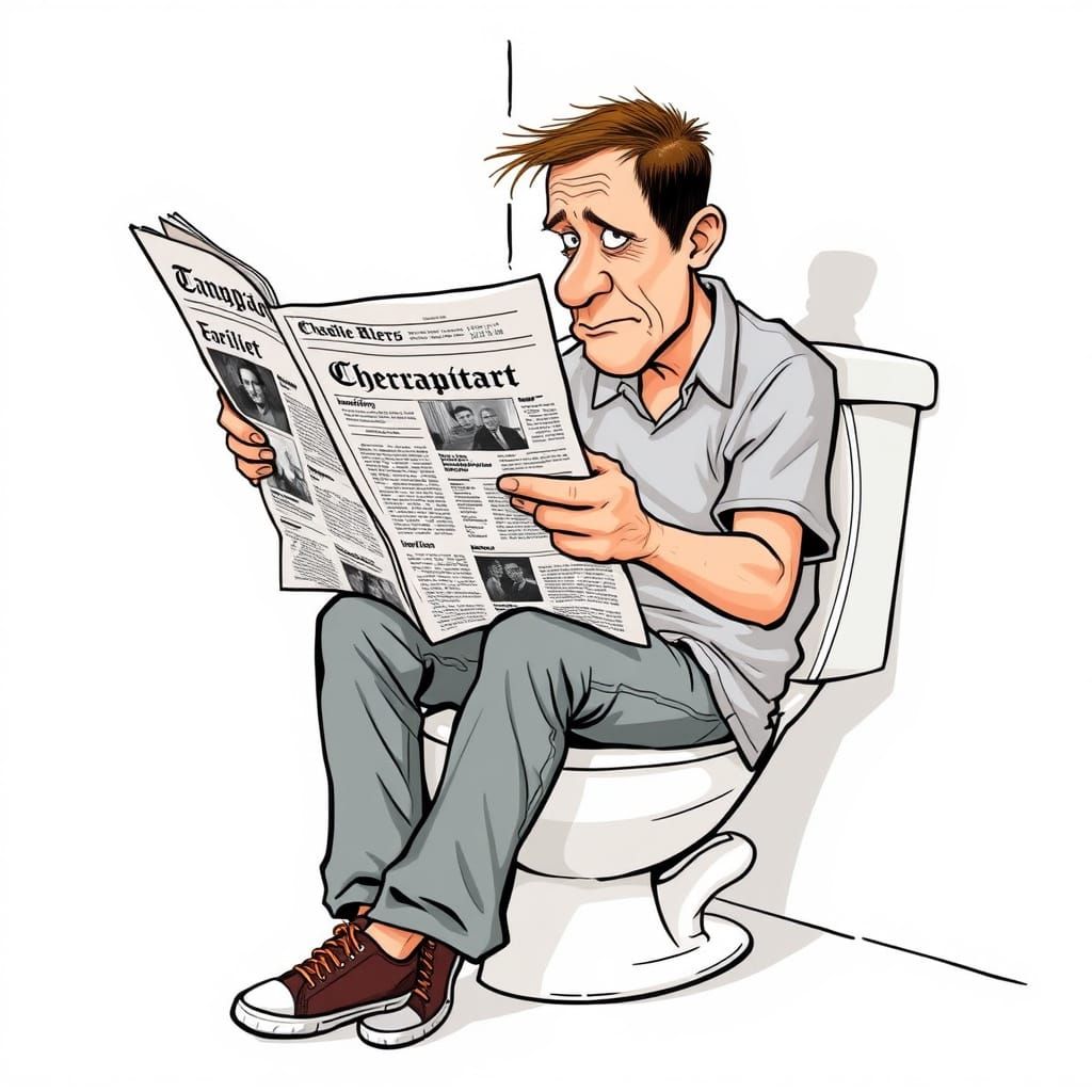 Humorous Caricature of Man Reading Newspaper on Toilet
