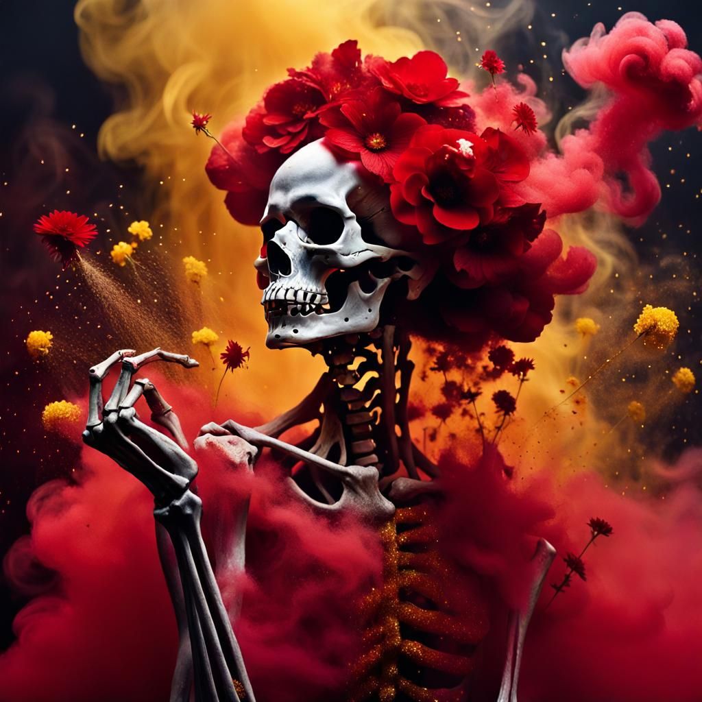 Ballet Skeleton in Red Smoke with Glitter and Lightning