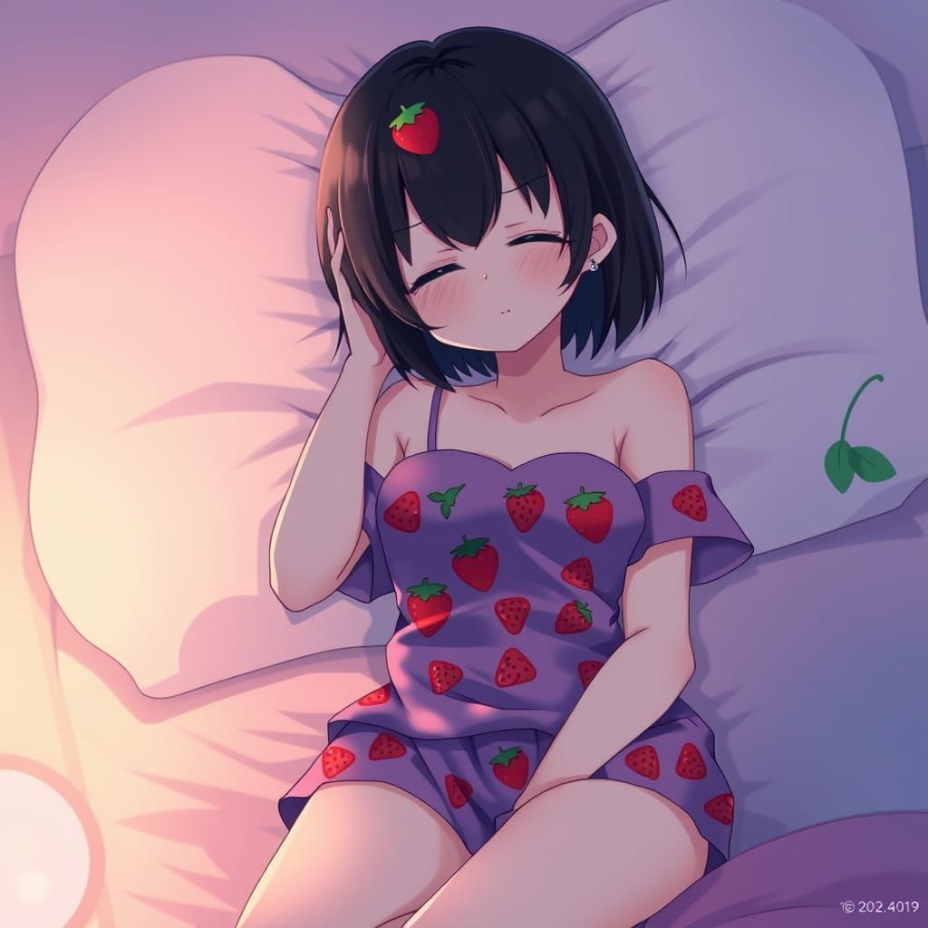 Sleeping Anime Girl in Strawberry Outfit at Night