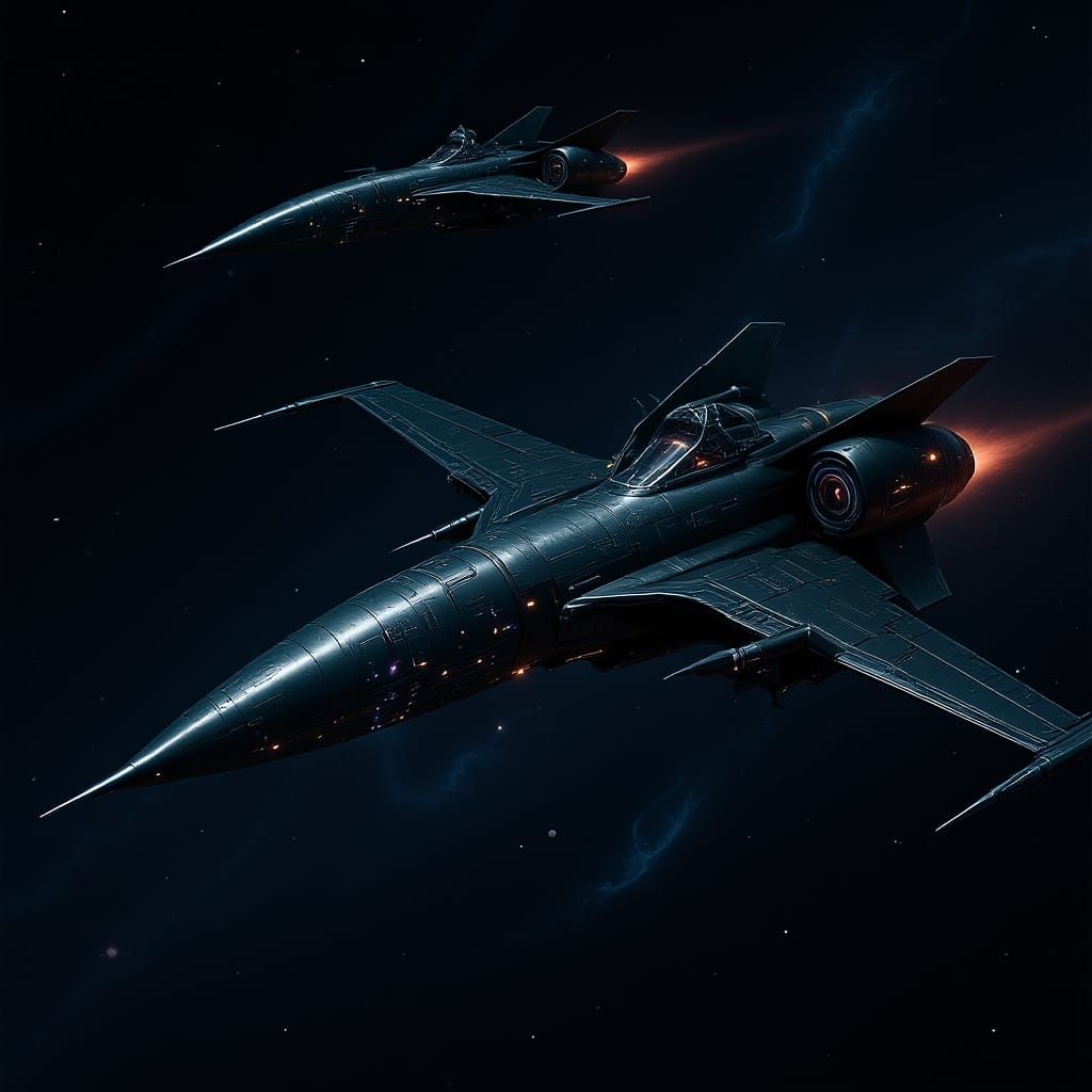 Starfighter and Cruiser Soaring Through Space