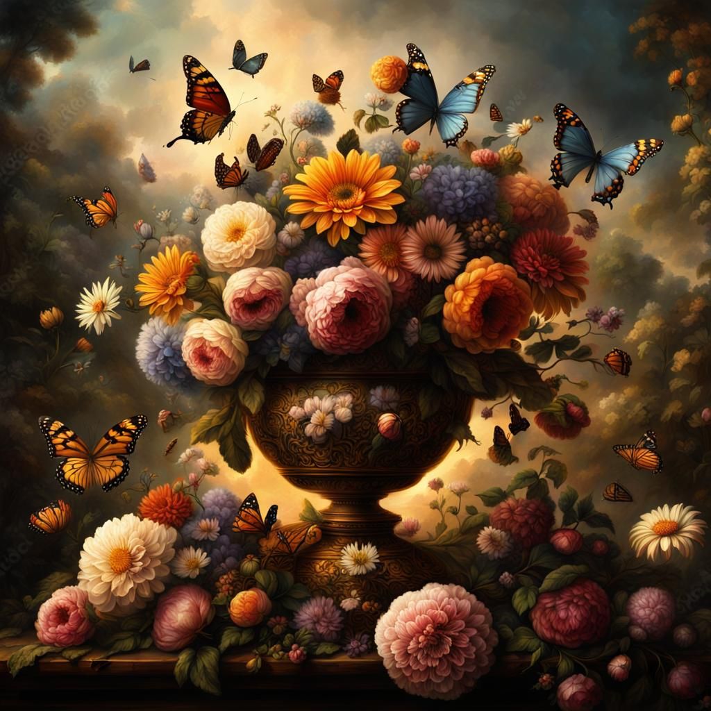 Flowers and Butterflies 
Background Rembrandt