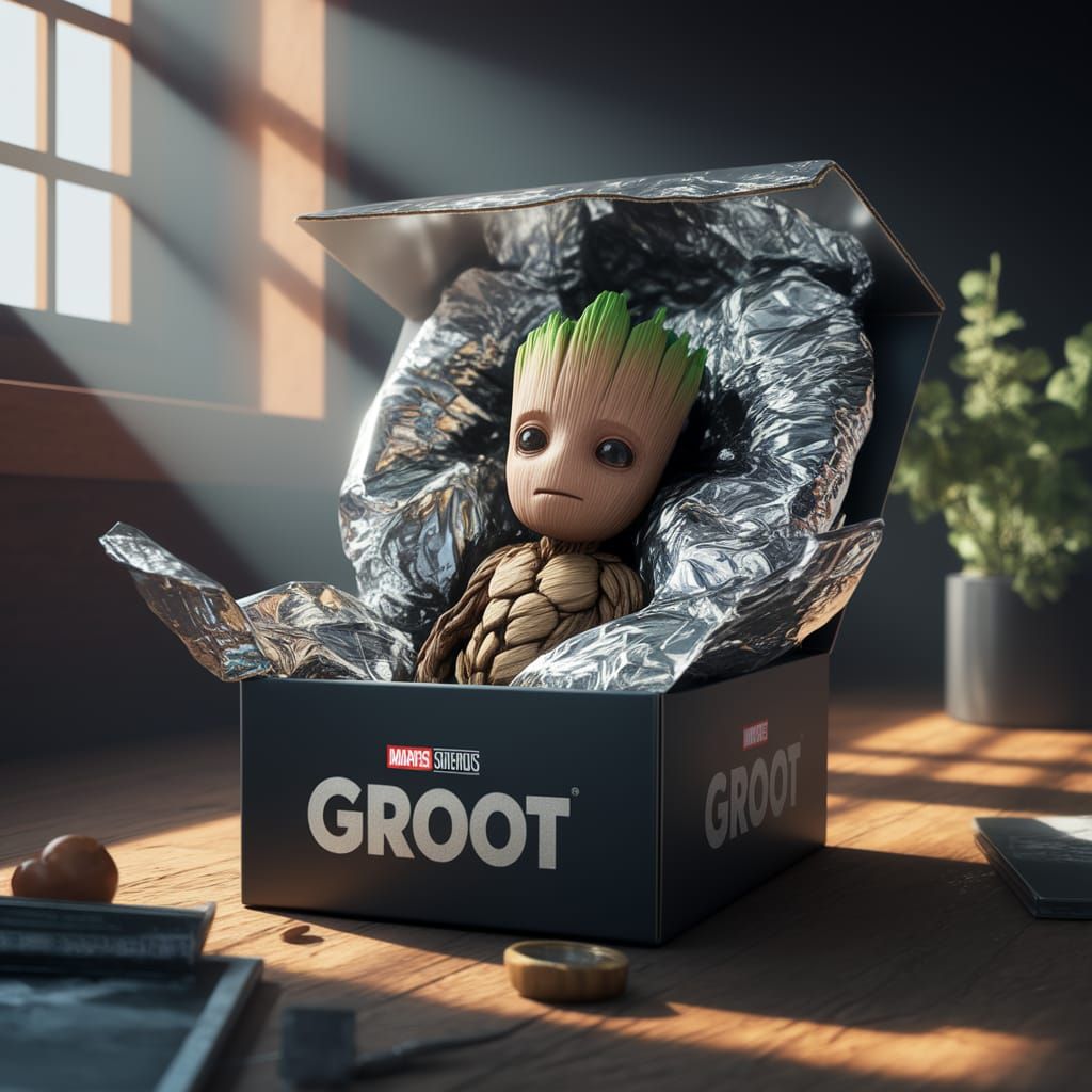 Surreal Groot Figure Box Scene in Fantasy Photography Style