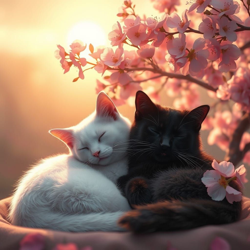 Serene Felines Bask in Cherry Blossom Sunrise