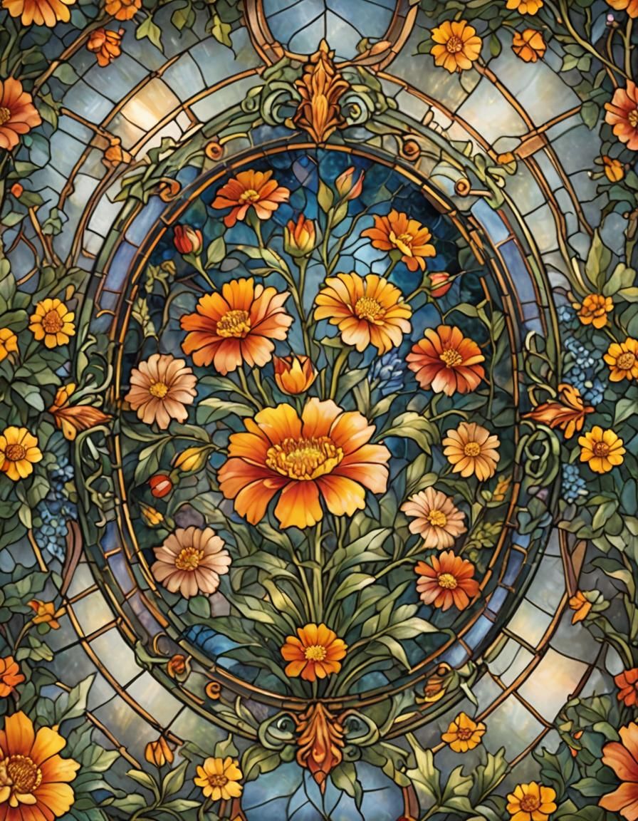 Vibrant Marigold in Stained Glass Fantasy Art