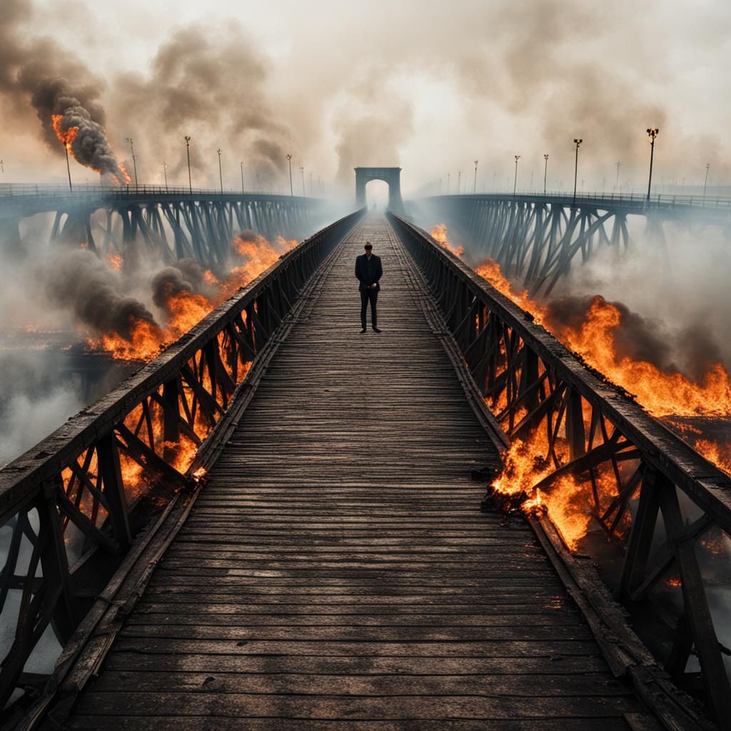 Man Stands Amidst Burning Bridge