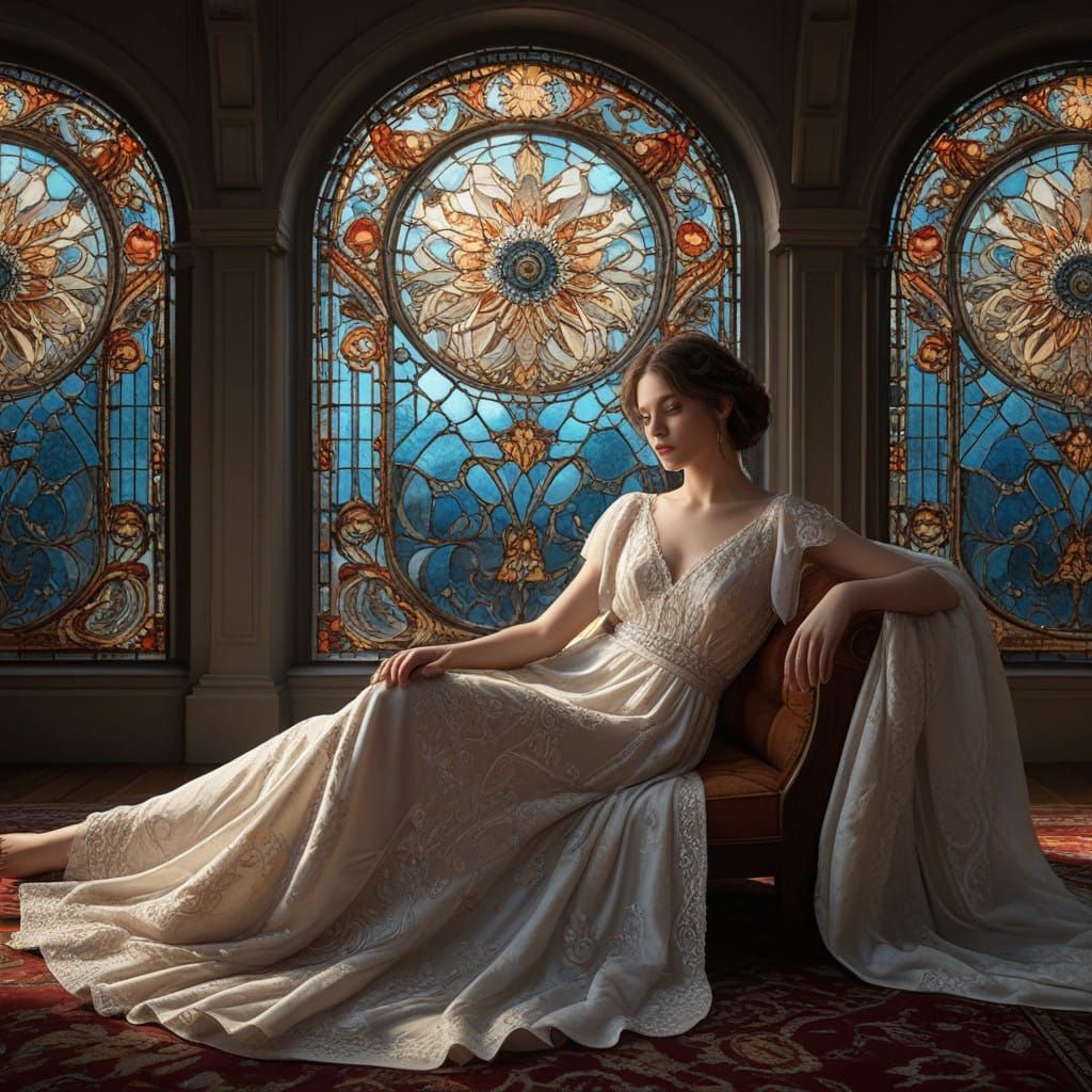 Woman in Ethereal Moonlit Dreamscape, Art Nouveau Style