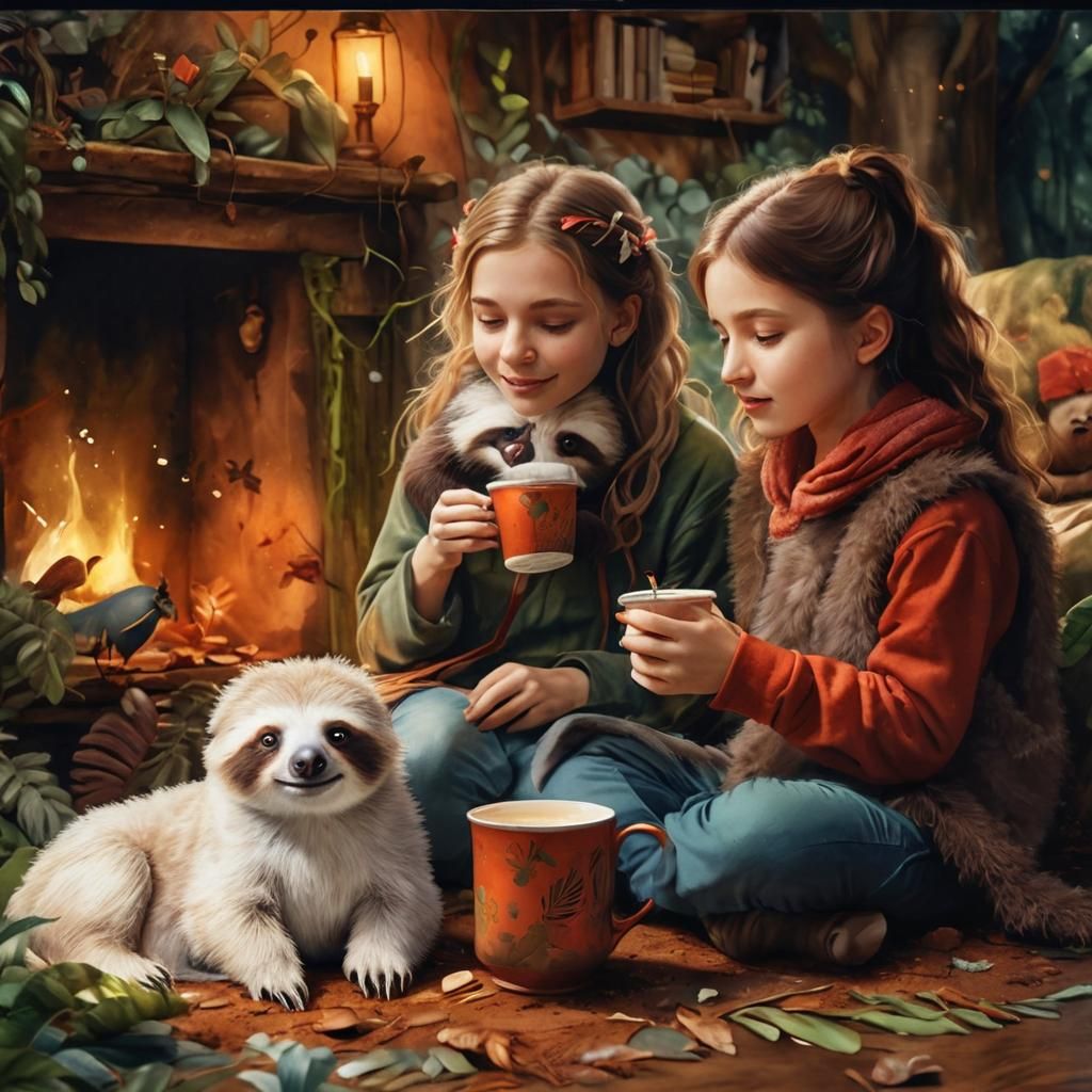 Rainforest Friends Relaxing in Watercolor Nook