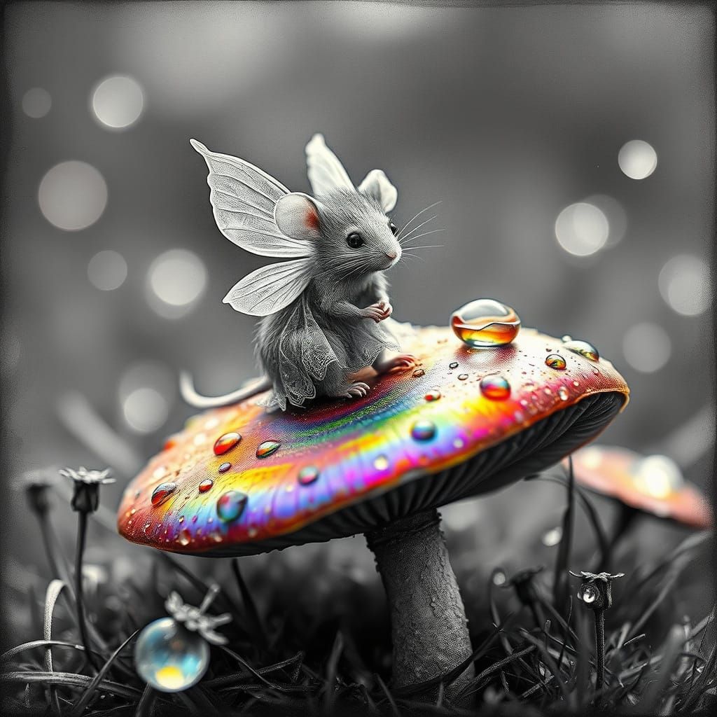 Fairy Mouse on Rainbow Mushroom in Dreamlike Etching Style