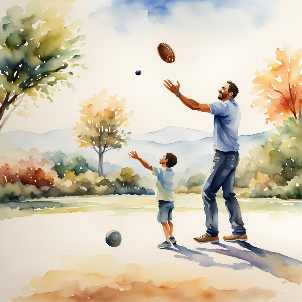 Father and Child Playing Catch: Watercolor Painting