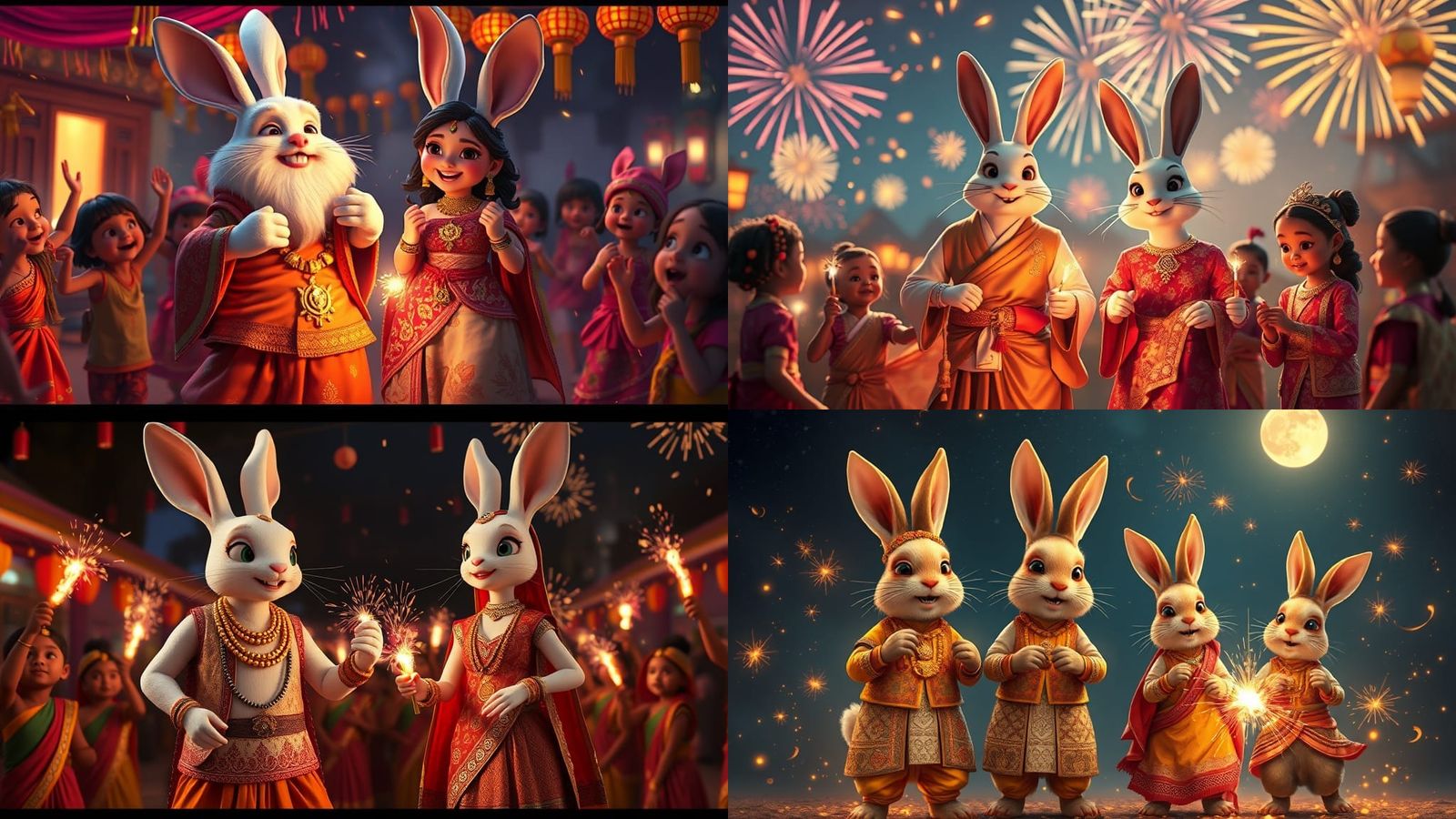 Rabbits Celebrate Diwali: 3D Animated Scene