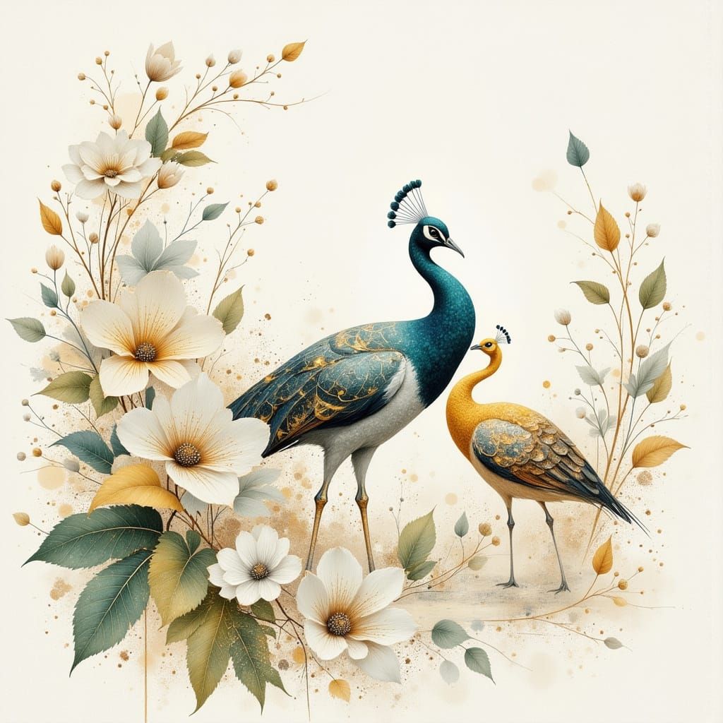 Elegant Peacocks in Mixed Media Art Style