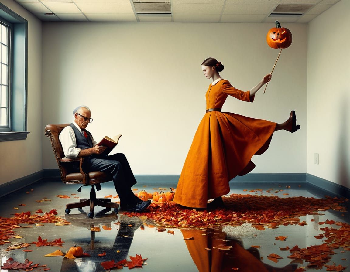 Surreal Autumn Scene With Jack-o-Lantern Reading
