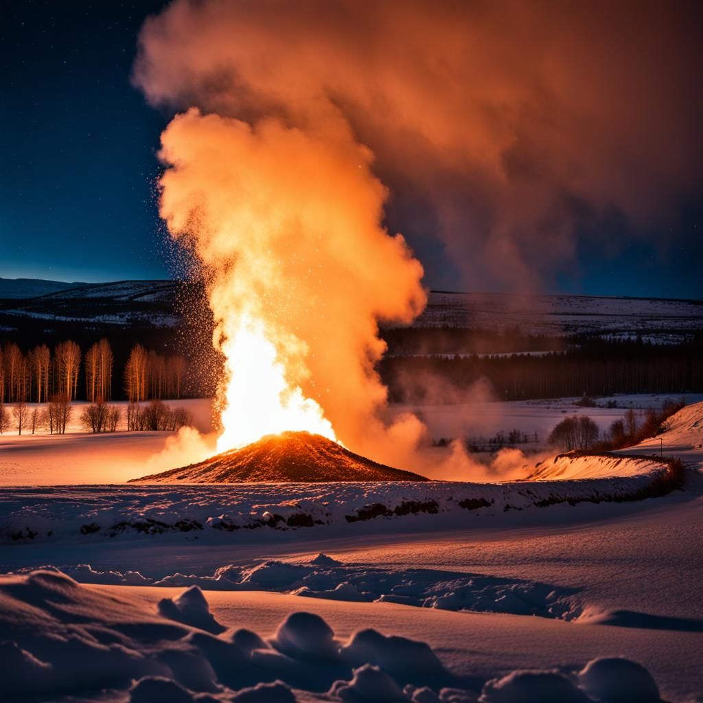 Fiery Geyser Eruption Under Starry Sky