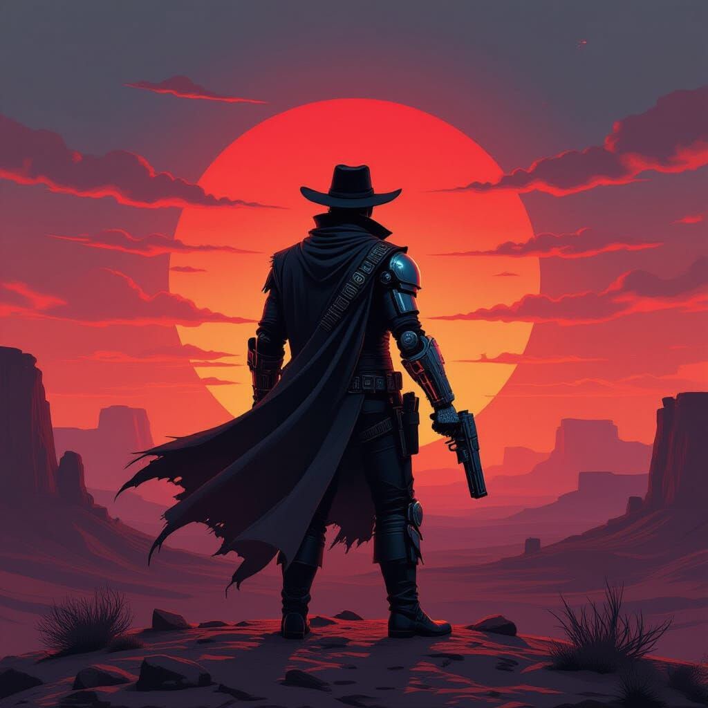 Cybernetic Gunslinger Silhouette on Crimson Mesa
