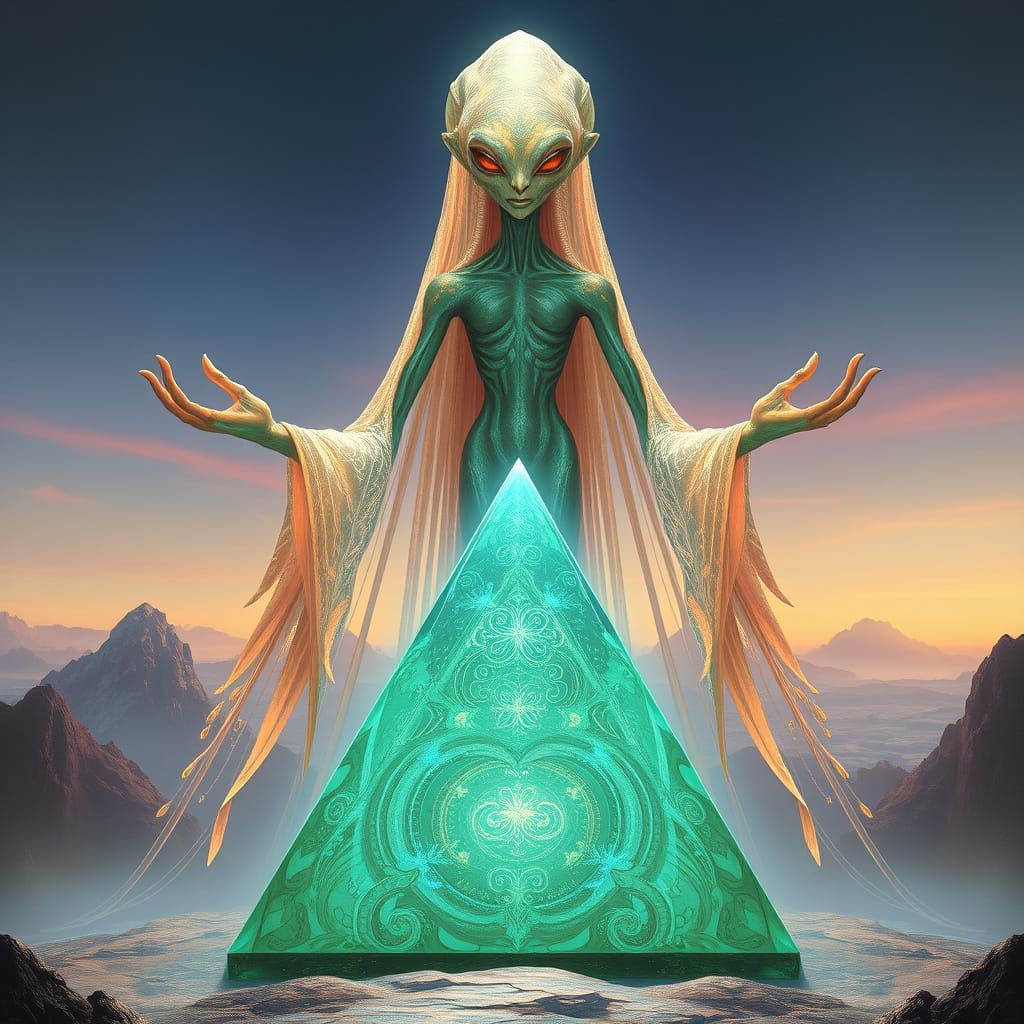 Ethereal Aquamarine Pyramid Emerges in Cosmic Aura