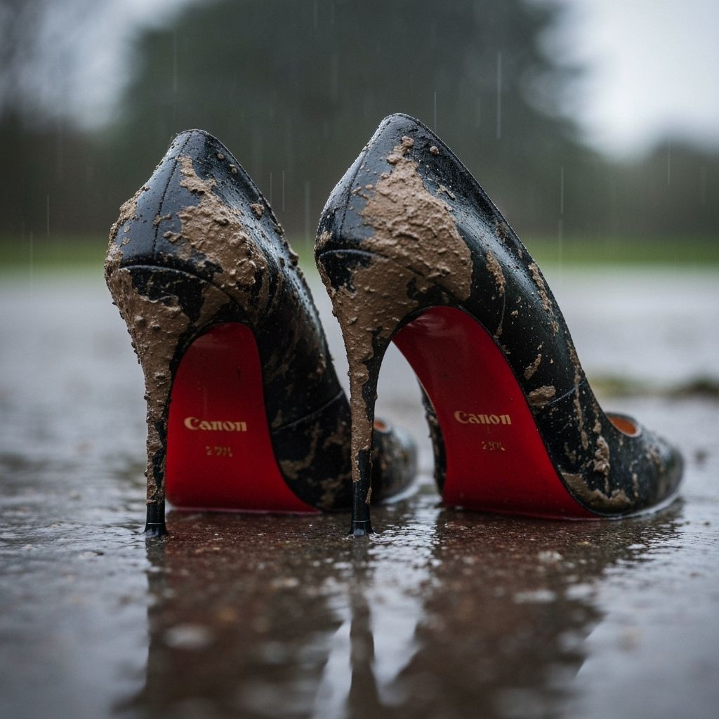 Abandoned Muddy Stilettos in Rainy Outdoor Photo