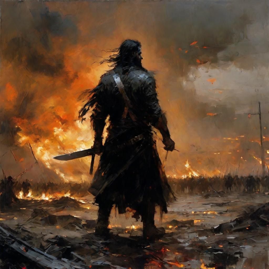 Warrior Plants Banner on Battlefield at Sunset