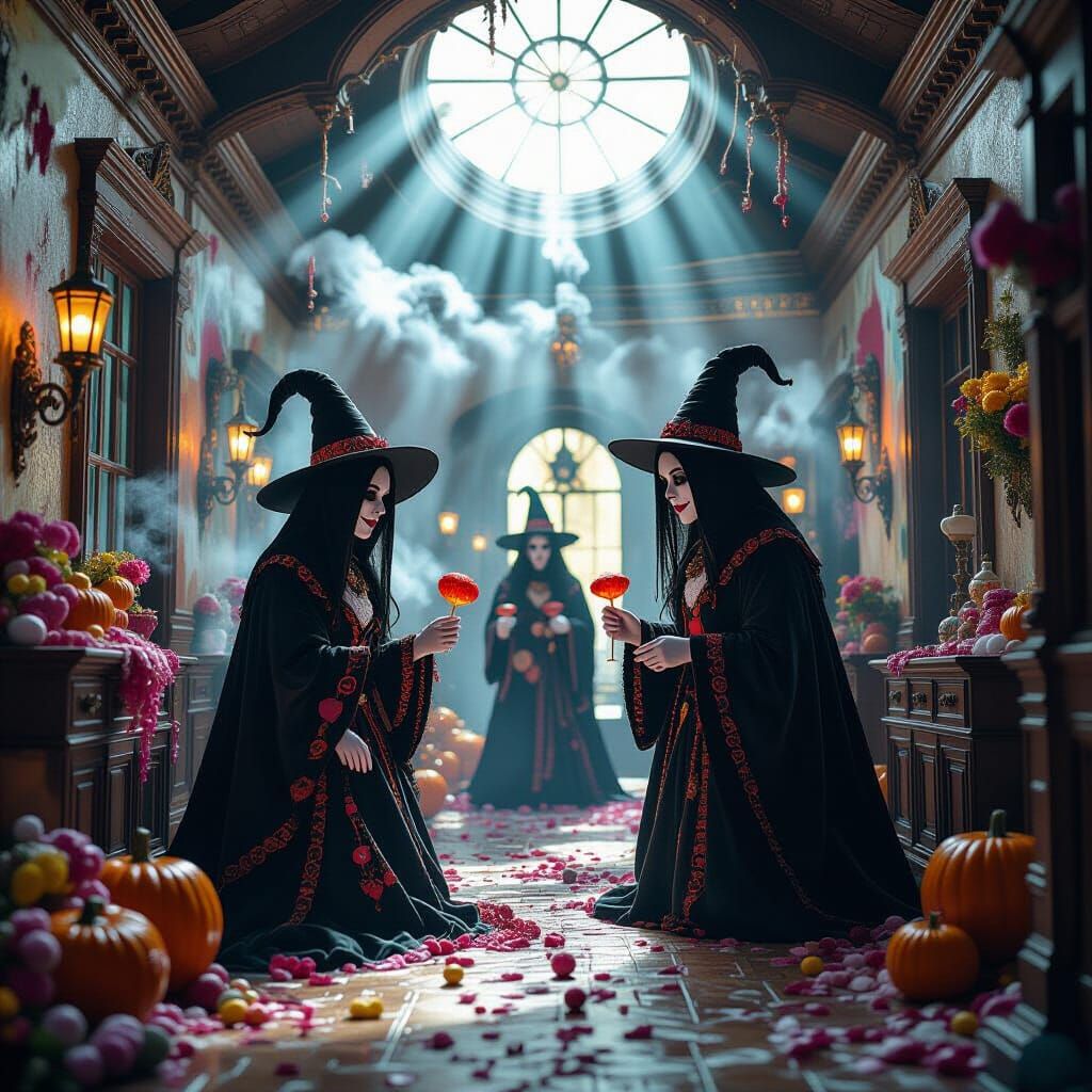 Haunted House Halloween Scene with Spectral Candy