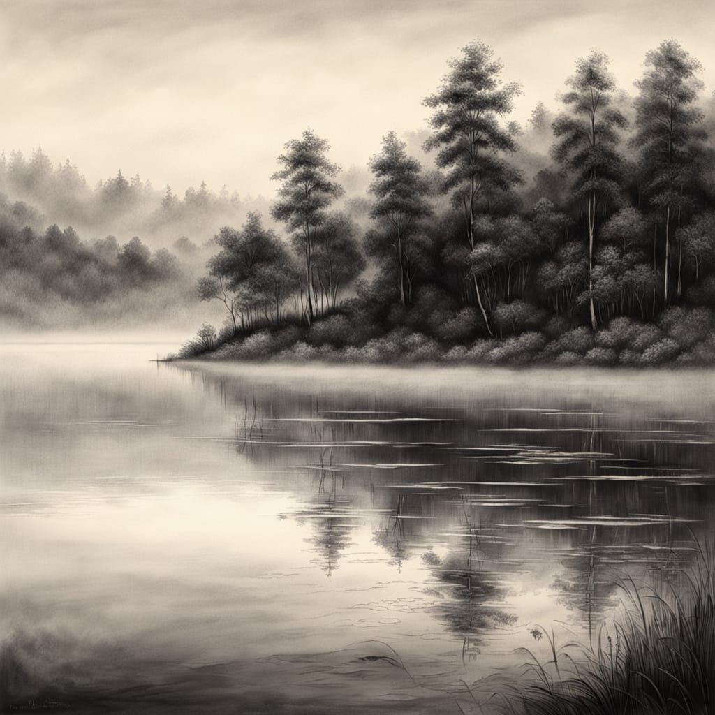 Charcoal Drawing of Morning Mists Over Lake