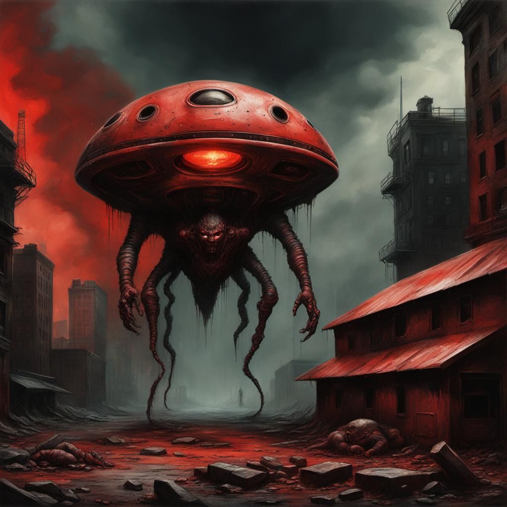 (UFO+evil:1.2) , red+blast+grotesque.
 creature+reveals, its...
