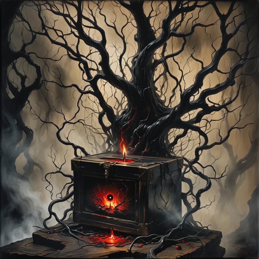 Surreal Pandora's Box with Dark Tendrils, in Oil