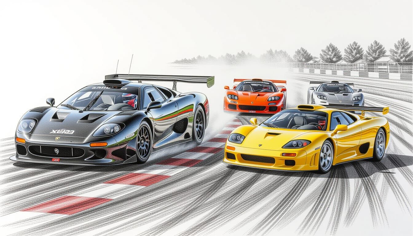 Classic Supercars Race in Detailed Charcoal Drawing