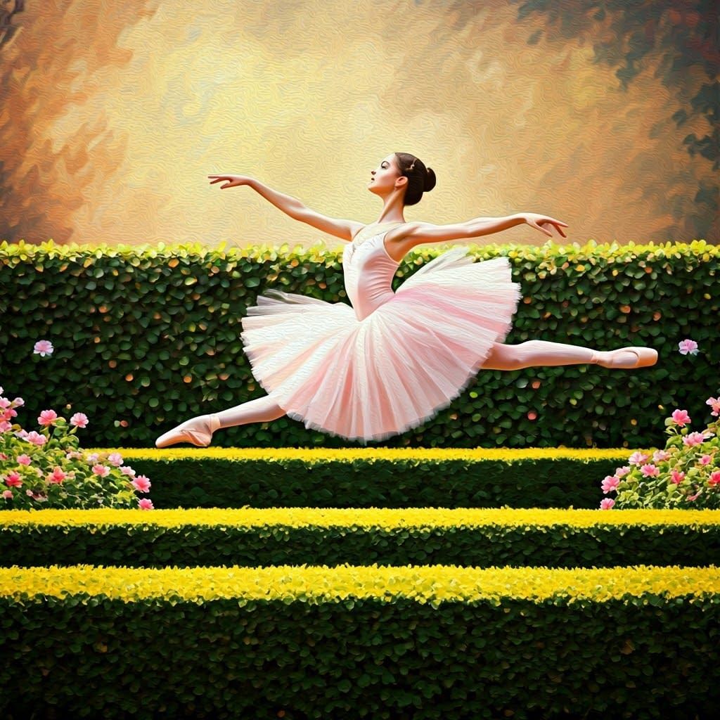 Ballerina's Whimsical Leap in Impressionist Garden