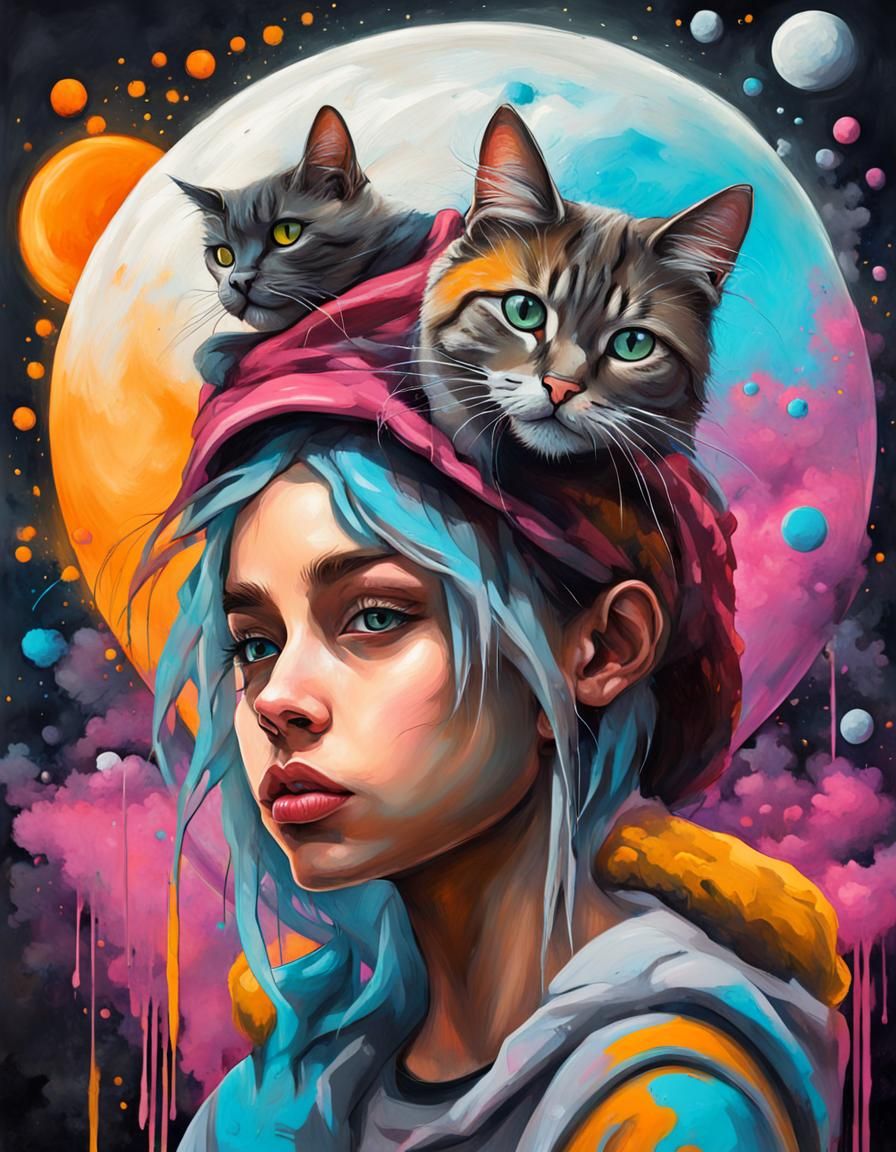 Girl with Cat and Moon in Graffiti Art Style