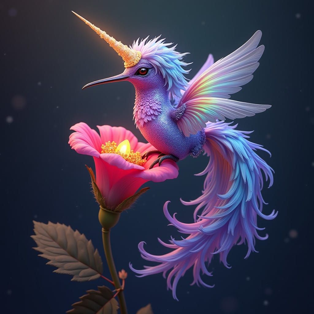Surreal Unicorn-Hummingbird in Ethereal Garden