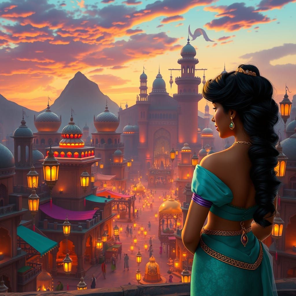 Jasmine and Aladdin Amidst Vibrant Agrabah Marketplace