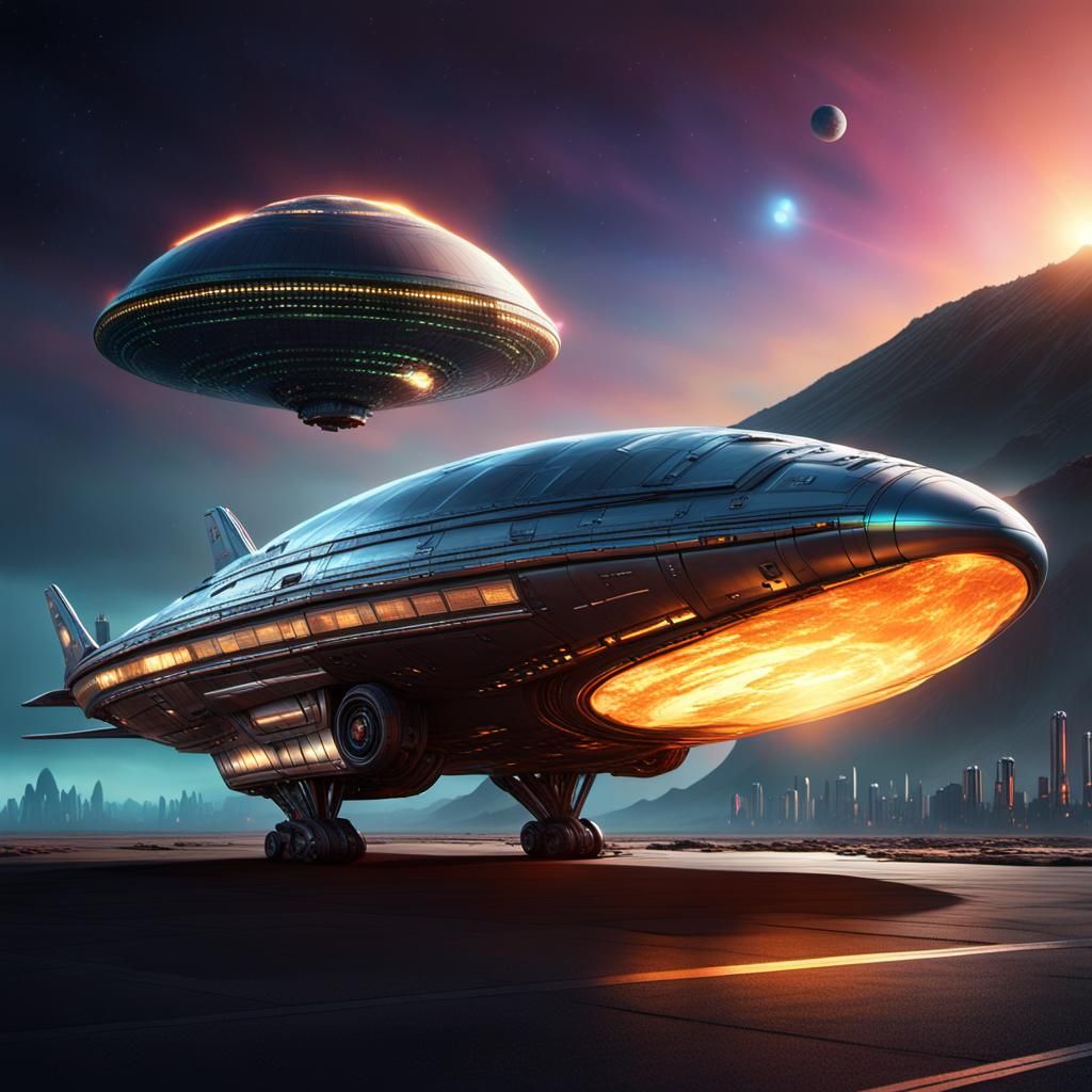 Sleek Spaceship Landing Beside Alien City