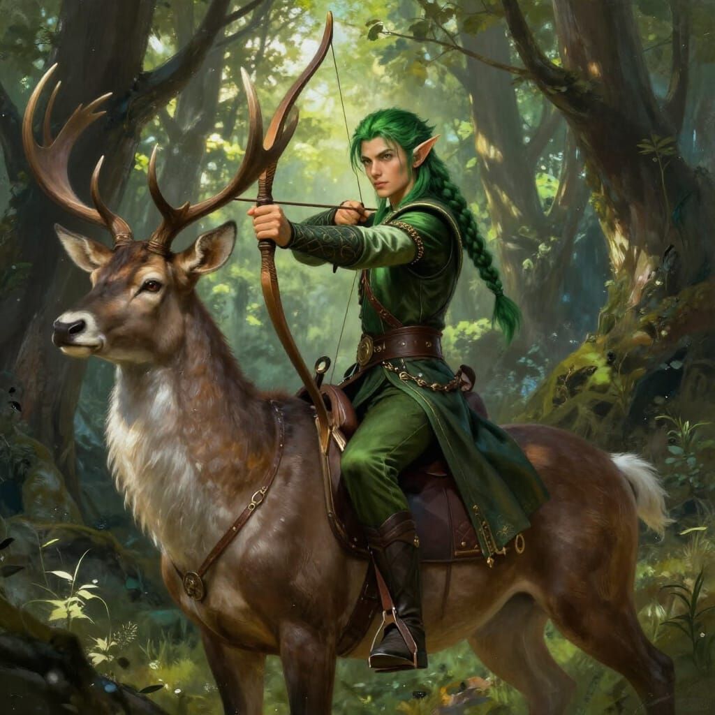 Elf Archer Rides Majestic Stag Through Sun-Dappled Forest
