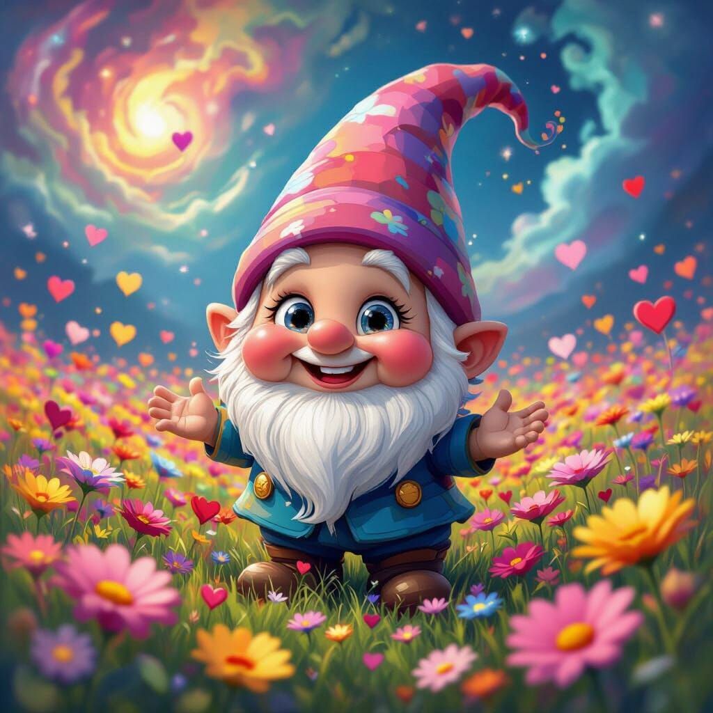 Joyful Gnome in a Flower Field, Neo-Impressionist Style