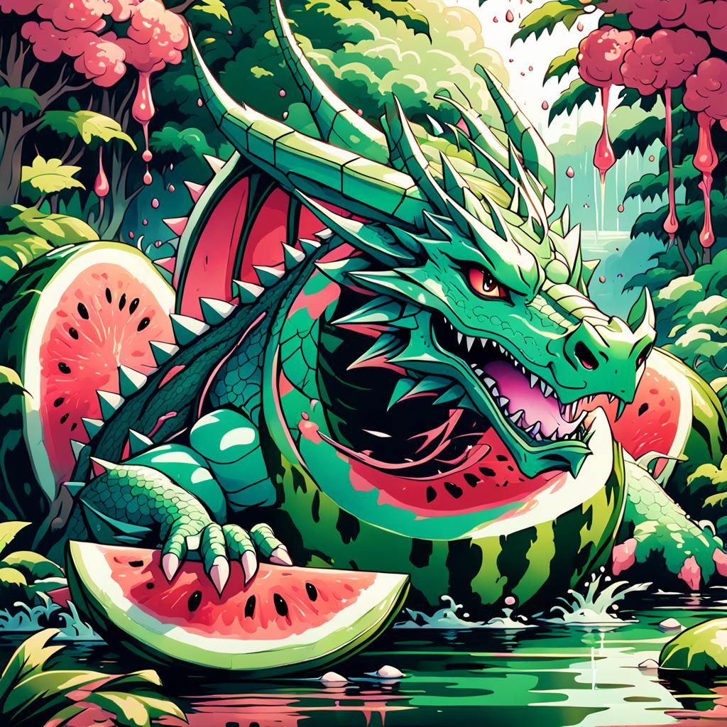 Anime Dragon Slices Watermelon in Emerald Landscape