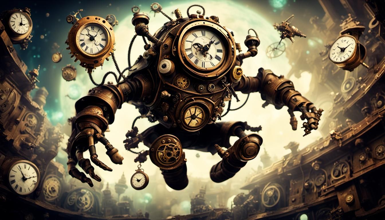 Steampunk Clockwork Creature Laughing in Space