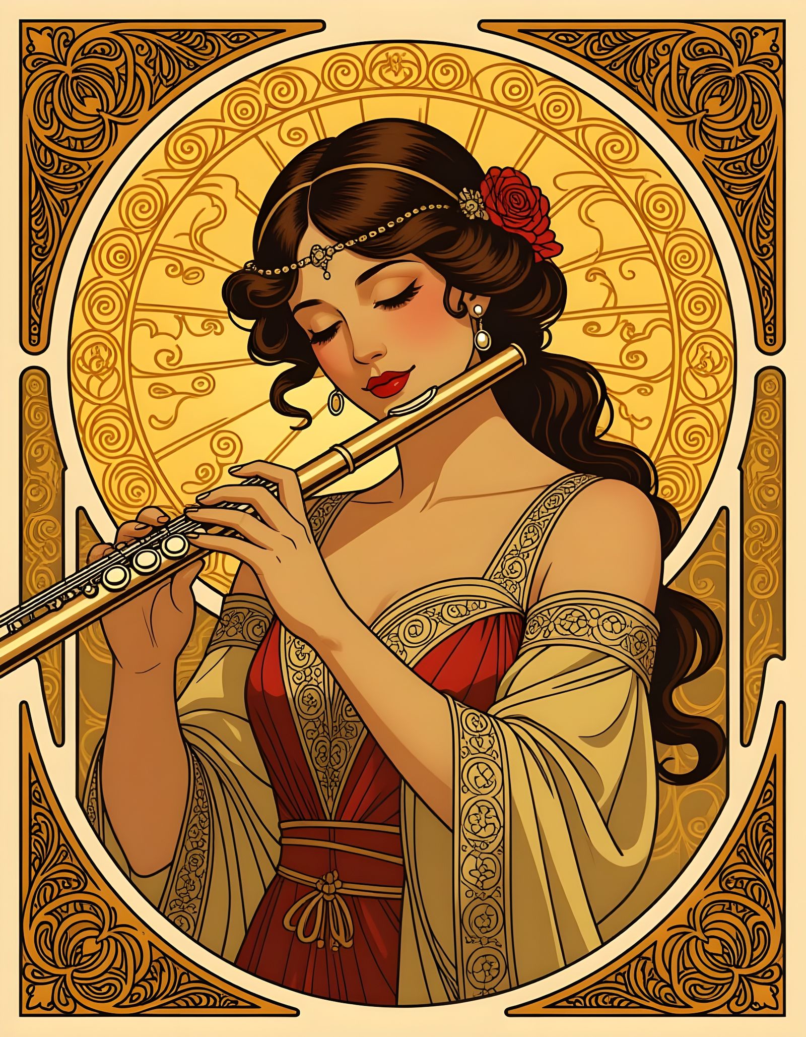 Art Nouveau Flautist Playing a Melancholy Tune