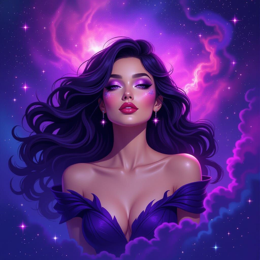 Celestial Woman Emerges from Cosmic Void in D&D Style