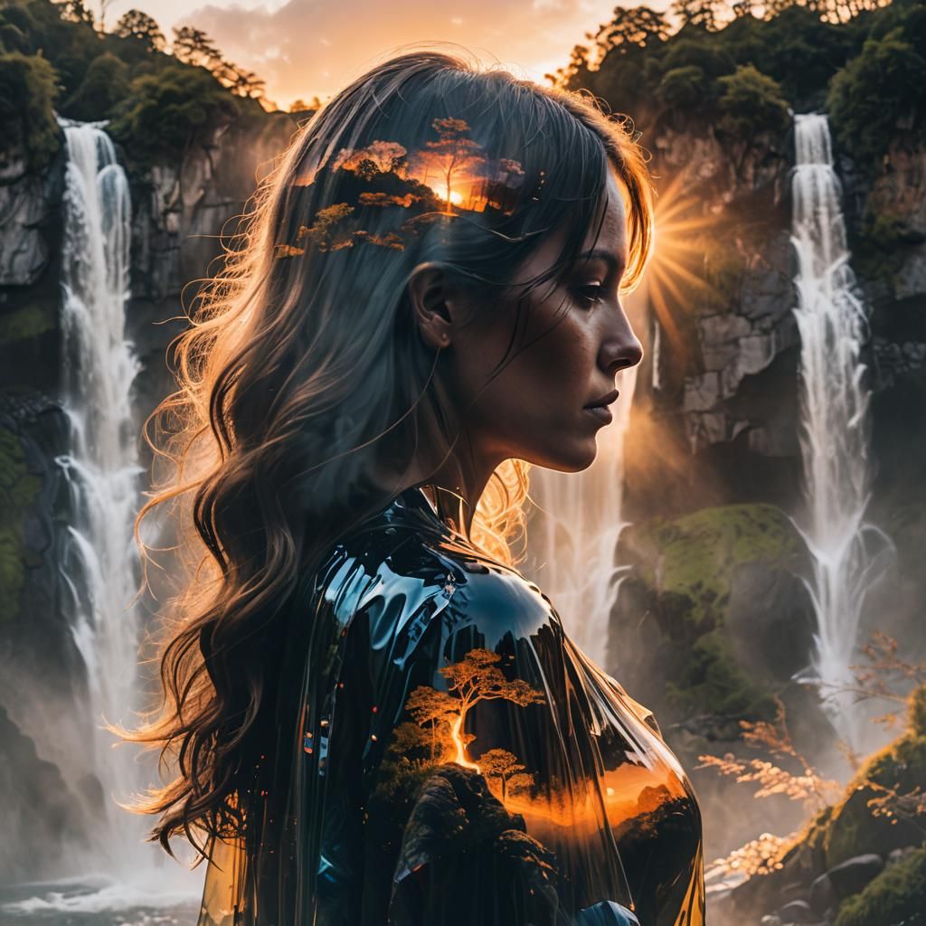 Woman's Silhouette with Sunset Waterfall Overlay