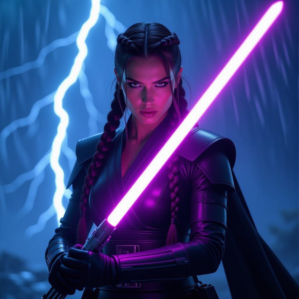 Female Jedi Master in Storm, Dark Fantasy Style