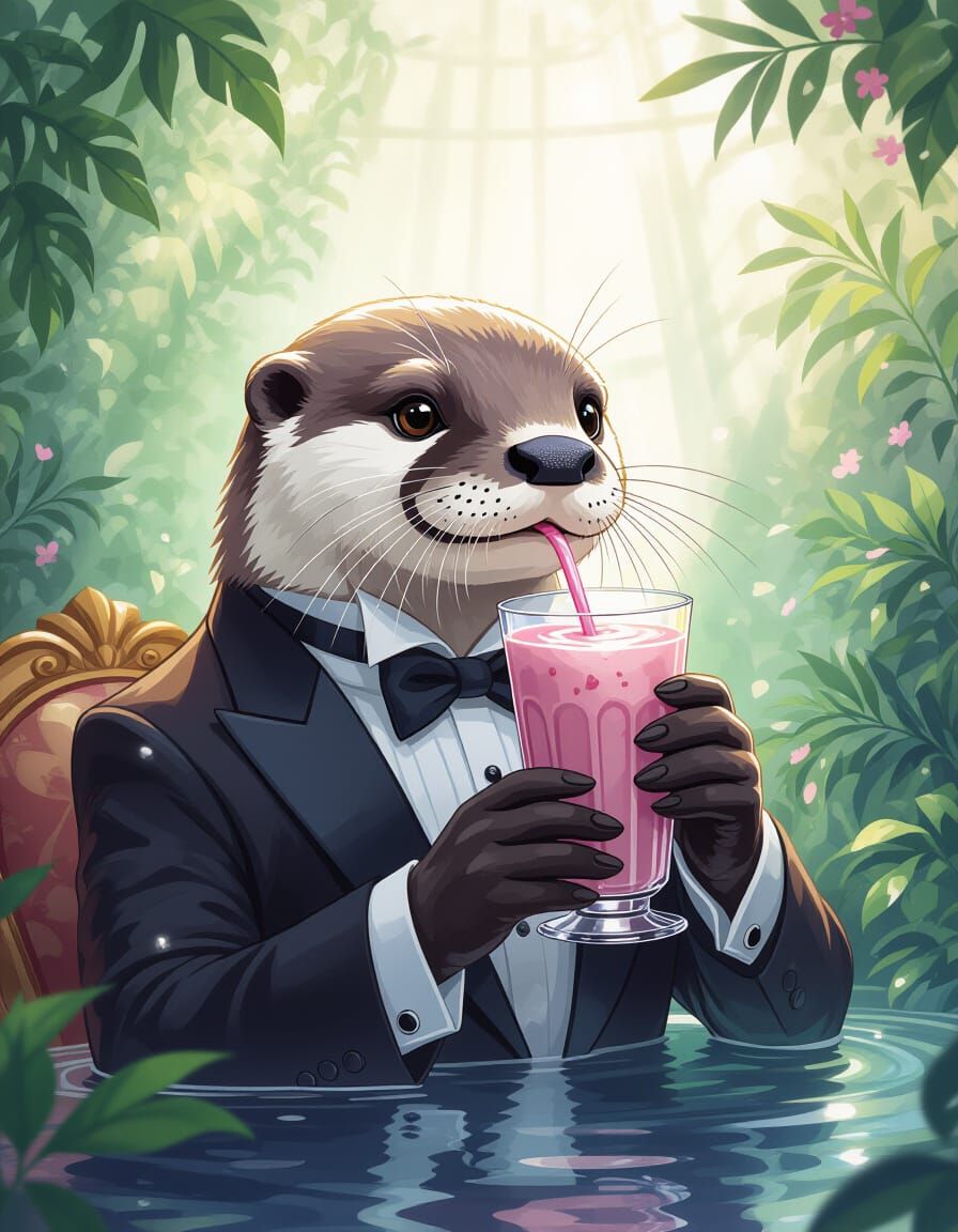 Otter Tuxedo Smoothie: Anime Watercolor Crystal Garden