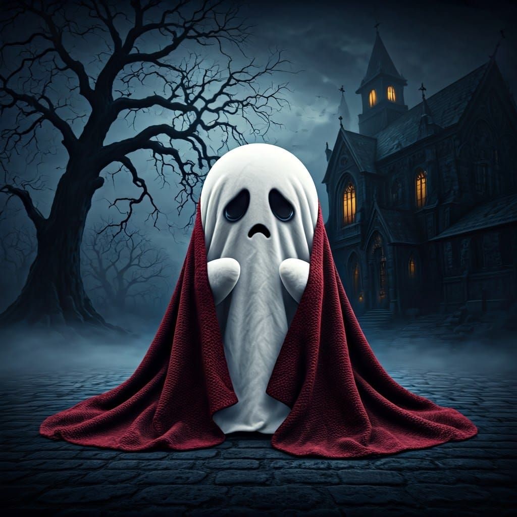 Eerie Cute Ghost with Red Blanket