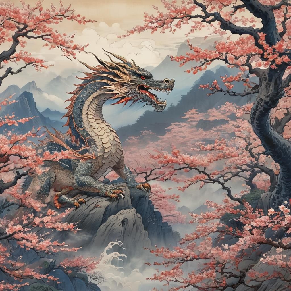 Ukiyo-e Dragon on Misty Mountain with Cherry Blossoms