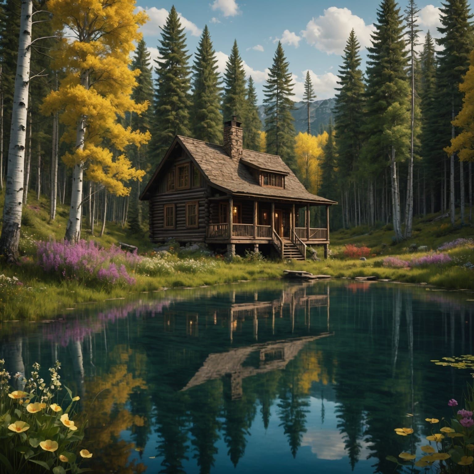 Realistic in the woods cabin with a serine rippling lake wil...