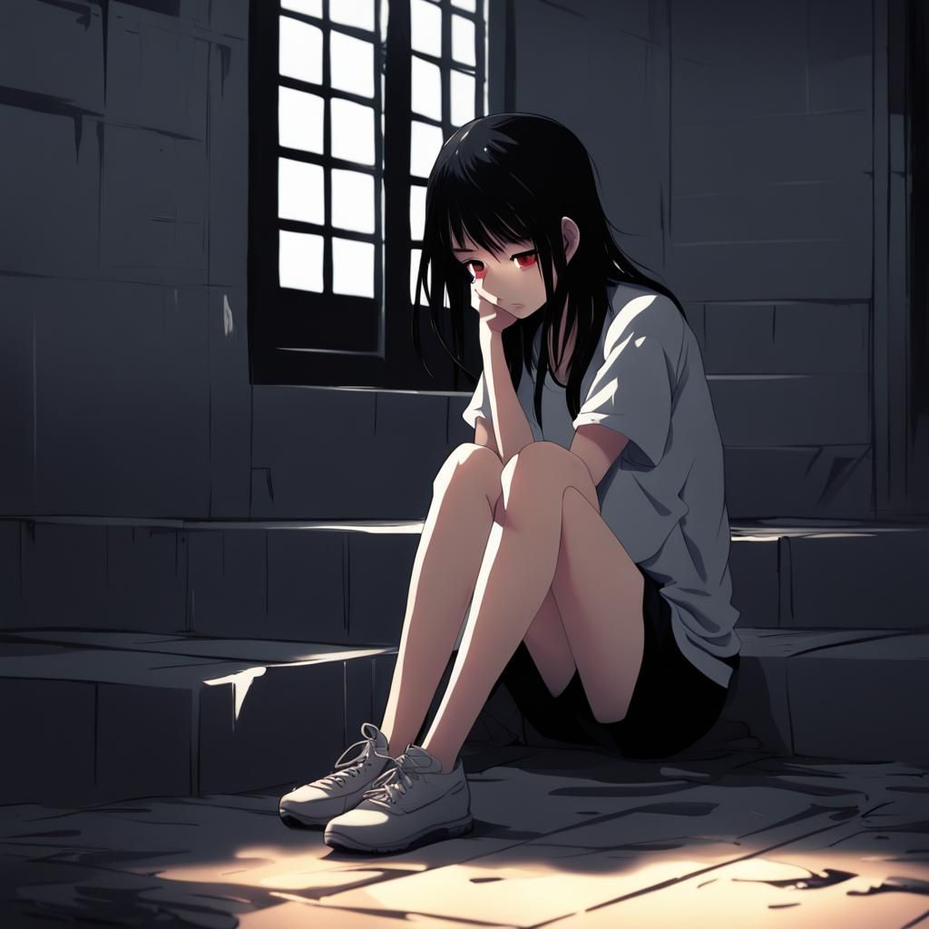Sad Black-Haired Girl in Dark Anime Style