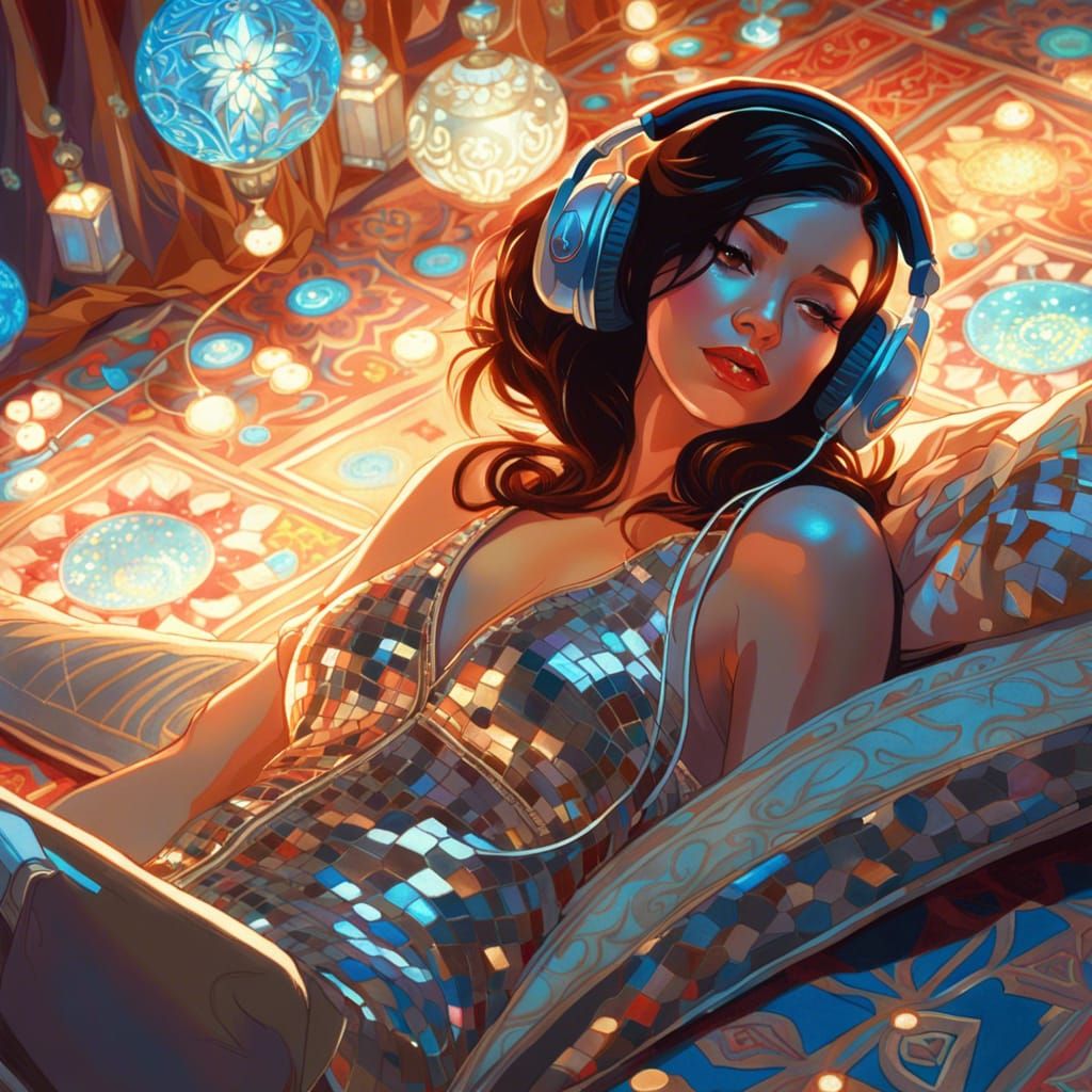 Woman Relaxing in Magical Room, Digital Art